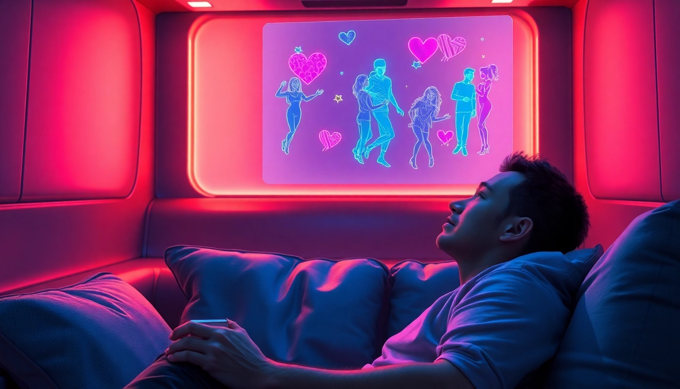 A person interacting with a holographic AI interface in a futuristic room, showcasing virtual characters and vibrant lighting.