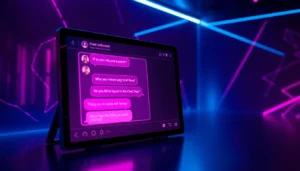 Futuristic digital chat interface with neon lighting and suggestive conversation bubbles