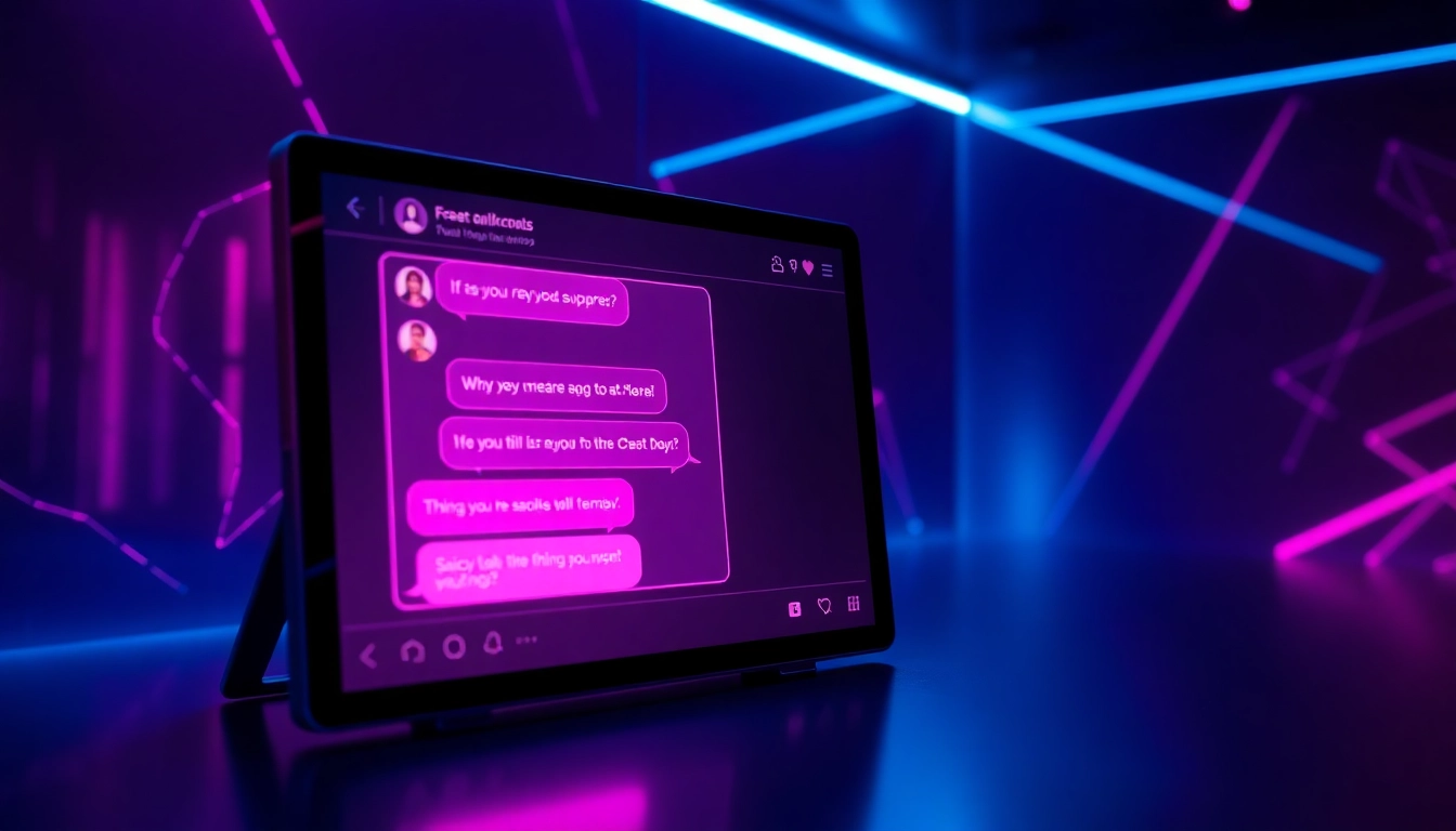 Futuristic digital chat interface with neon lighting and suggestive conversation bubbles