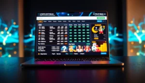 An online sportsbook and casino platform with sports betting odds and casino icons displayed on a digital screen, glowing with neon accents.