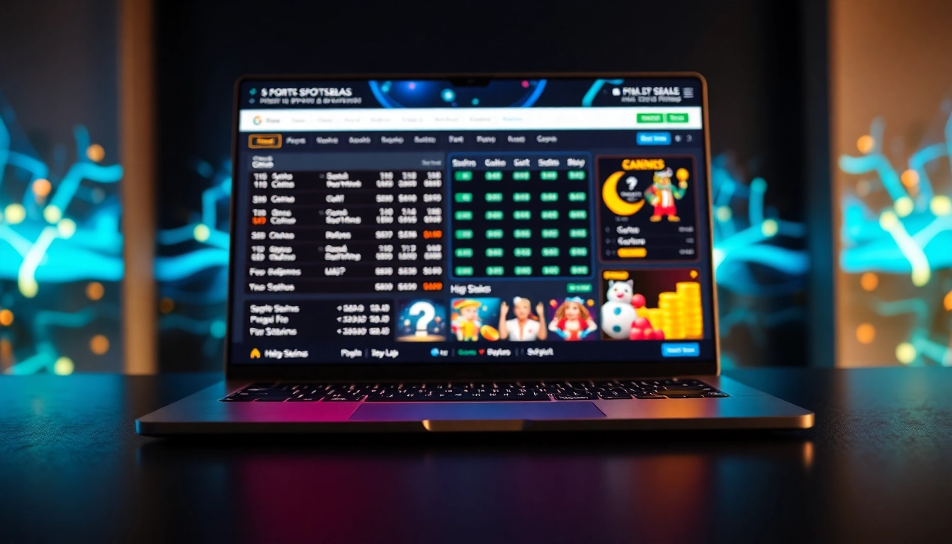 An online sportsbook and casino platform with sports betting odds and casino icons displayed on a digital screen, glowing with neon accents.