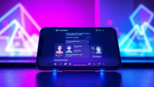 Futuristic digital chat interface with neon-lit environment and customizable AI characters on a modern device screen.