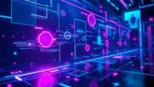 Futuristic digital interface with neon colors and holographic data streams in a virtual environment.