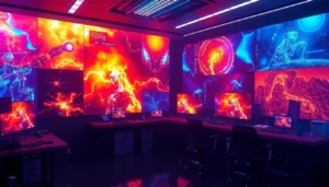 Futuristic AI studio using an ai image generator no restrictions to create vibrant, high-detail visuals.
