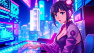 An anime-style female character in a cyberpunk setting, interacting with holographic data displays.