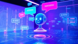 Futuristic AI chatbot interface with holographic characters and data streams in a high-tech environment.