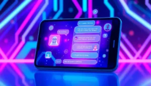 Digital illustration of an AI chatbot interface on a modern device with neon accents and holographic elements representing customization and conversation features.